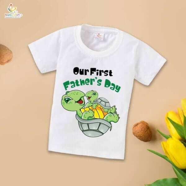 Fathers Day Special Combo White T-Shirts Sets for Father and KId Combo Pack of 2 | Our First Father's Day Tortoise Print| - Image 3