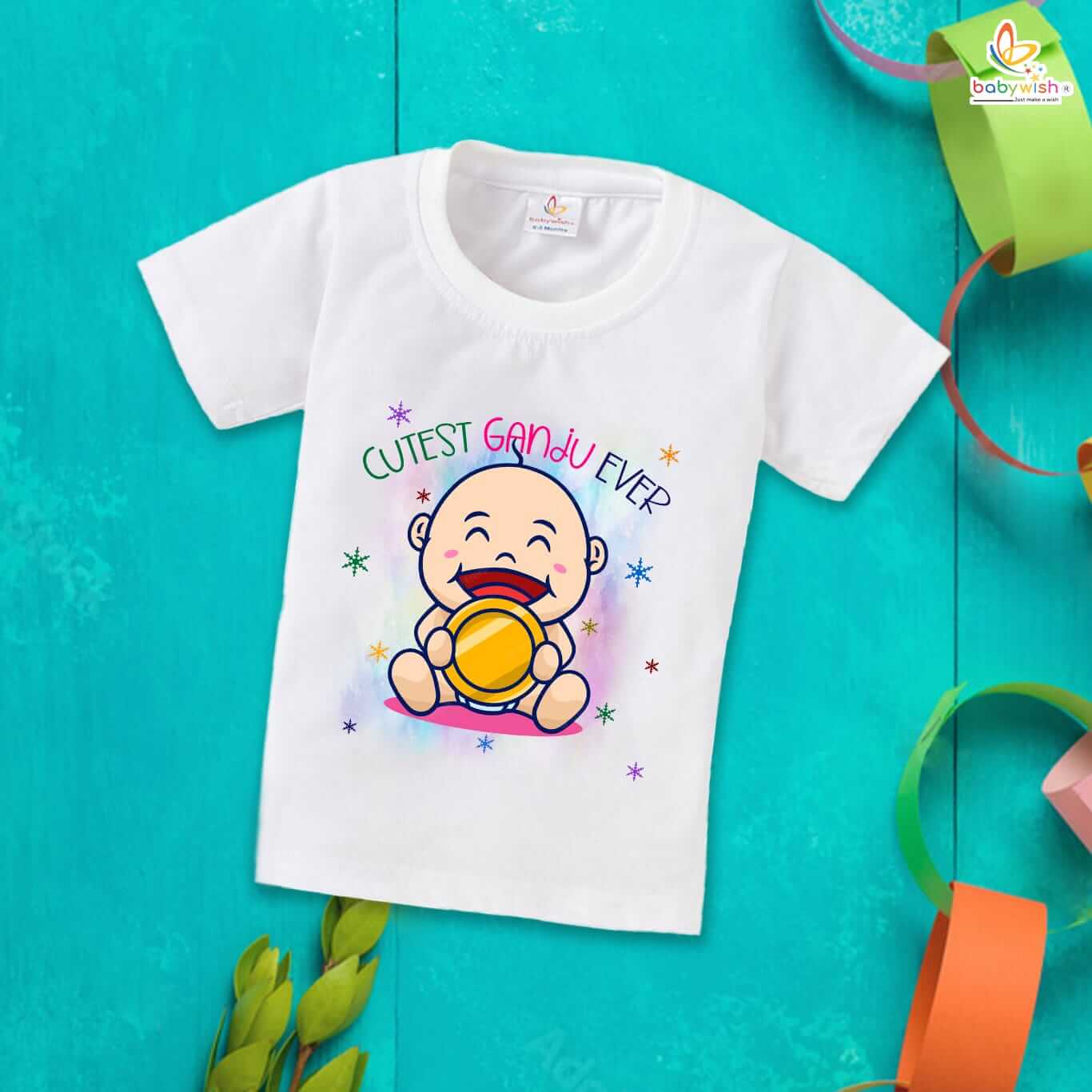 First Mundan Ceremony T-shirt for Kids, Unisex Topwear Outfit, Half Sleeve Baby Clothes, Soft Comfortable Boys and Girls Clothing, “Cutest Ganju Ever” Special Occasion Tee