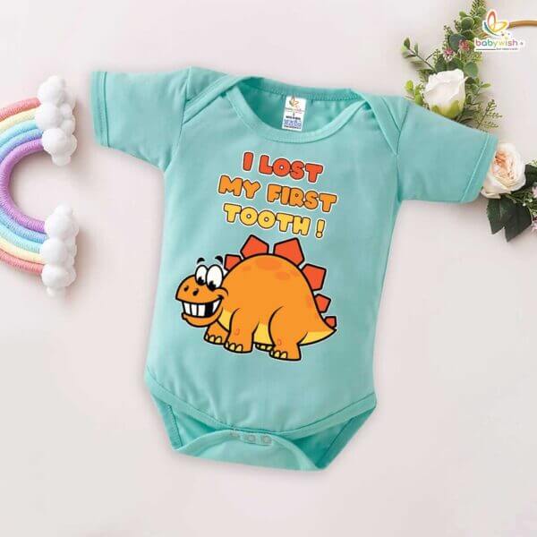 I Lost My First Tooth Baby Romper – Dino Print Milestone Bodysuit for Boys & Girls | Soft Cotton First Tooth Outfit – Babywish - Image 2
