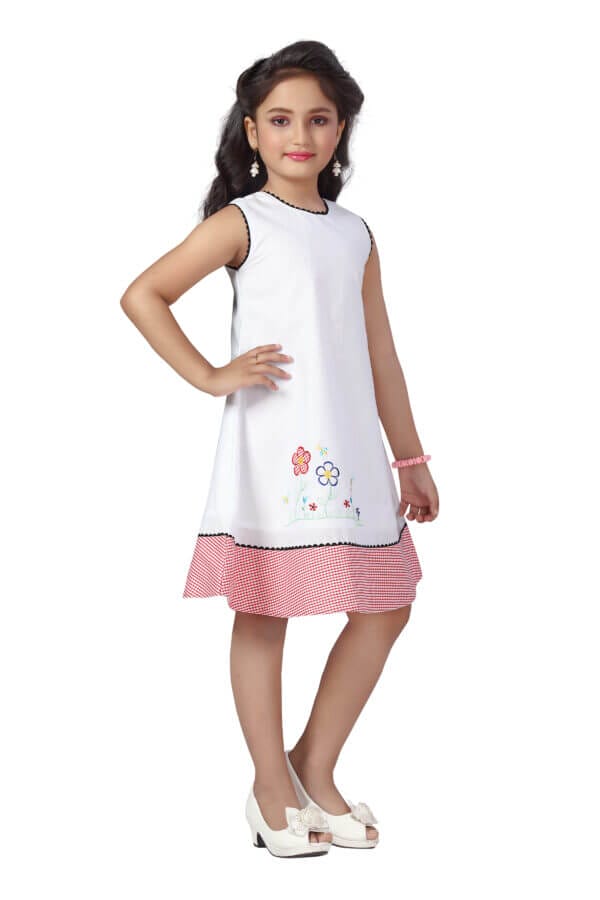 Girl Dress Knee Length Check Frock Floral Prints Girls Sleeveles Dress Midi Wedding Party Dress - Flower Checkered Red - Image 8