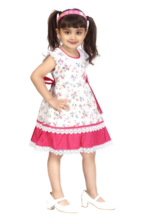 Girl Dress Knee Length Frock Floral Prints Girls Flutter Wings Halfsleeve Dress Girls Cotton Bottom Lace Frock Topwear - Lace Pattern - Image 3
