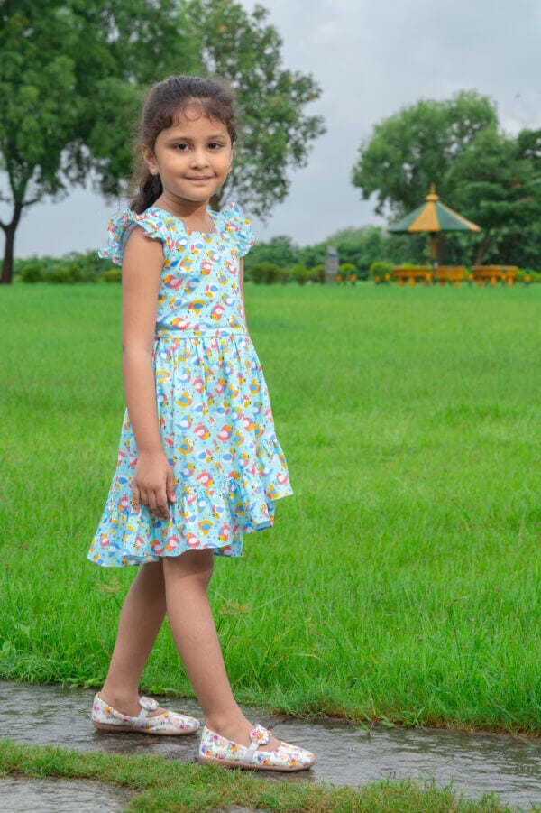 Girl Dress Knee Length Frock Floral Prints Girls Flutter Wings Halfsleeve Dress Girls Cotton Bottom Frock Topwear - Penguin Theme Printed - Image 2
