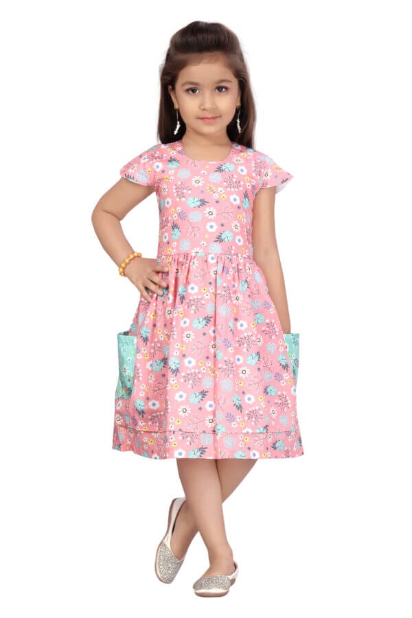 Girl Dress Knee Length Frock Floral Prints Girls Flutter Wings Sleeveless Dress two side pocket Girls Cotton Frock Topwear - All Over Floral Print - Image 3