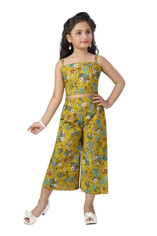 Girl Dress Full Length Check Frock Floral Prints Girls Sleeveles Two Piece Wedding Party Dress Top Bottom Off Sholder - Water Lily Floral - Image 4