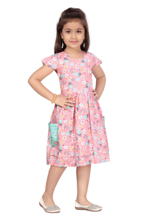 Girl Dress Knee Length Frock Floral Prints Girls Flutter Wings Sleeveless Dress two side pocket Girls Cotton Frock Topwear - All Over Floral Print - Image 5