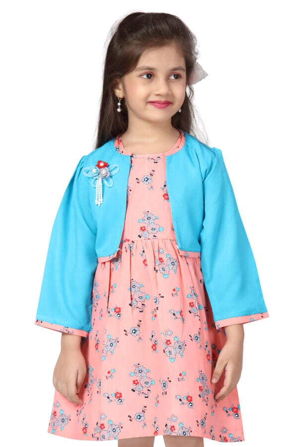Girl Dress Knee Length Full Sleeve Floral Frock Prints cum with Jacket Girls Wedding Party Dress - Floral Print Jacket Frock - Image 9