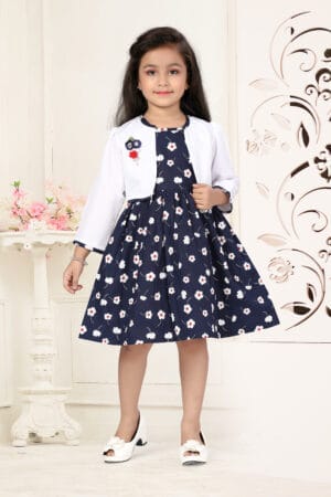 Girl Dress Knee Length Full Sleeve Floral Frock Prints cum with Jacket Girls Wedding Party Dress - Floral Print Jacket Frock