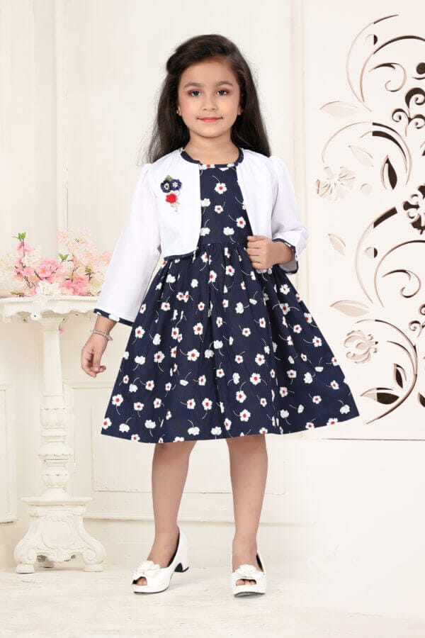 Girl Dress Knee Length Full Sleeve Floral Frock Prints cum with Jacket Girls Wedding Party Dress - Floral Print Jacket Frock
