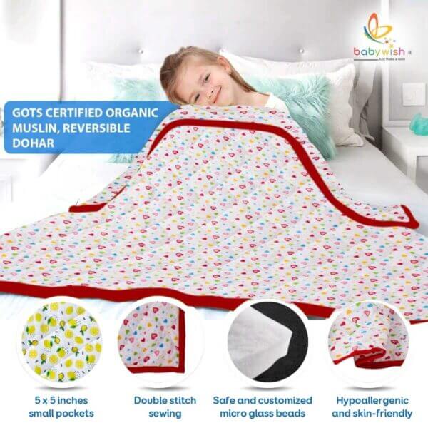 GOTS Certified Organic Cotton Baby Dohar Blanket for Newborn Soft Crib All Seasons Quilt for Microfiber Giftset - Red Heart Print - Image 4