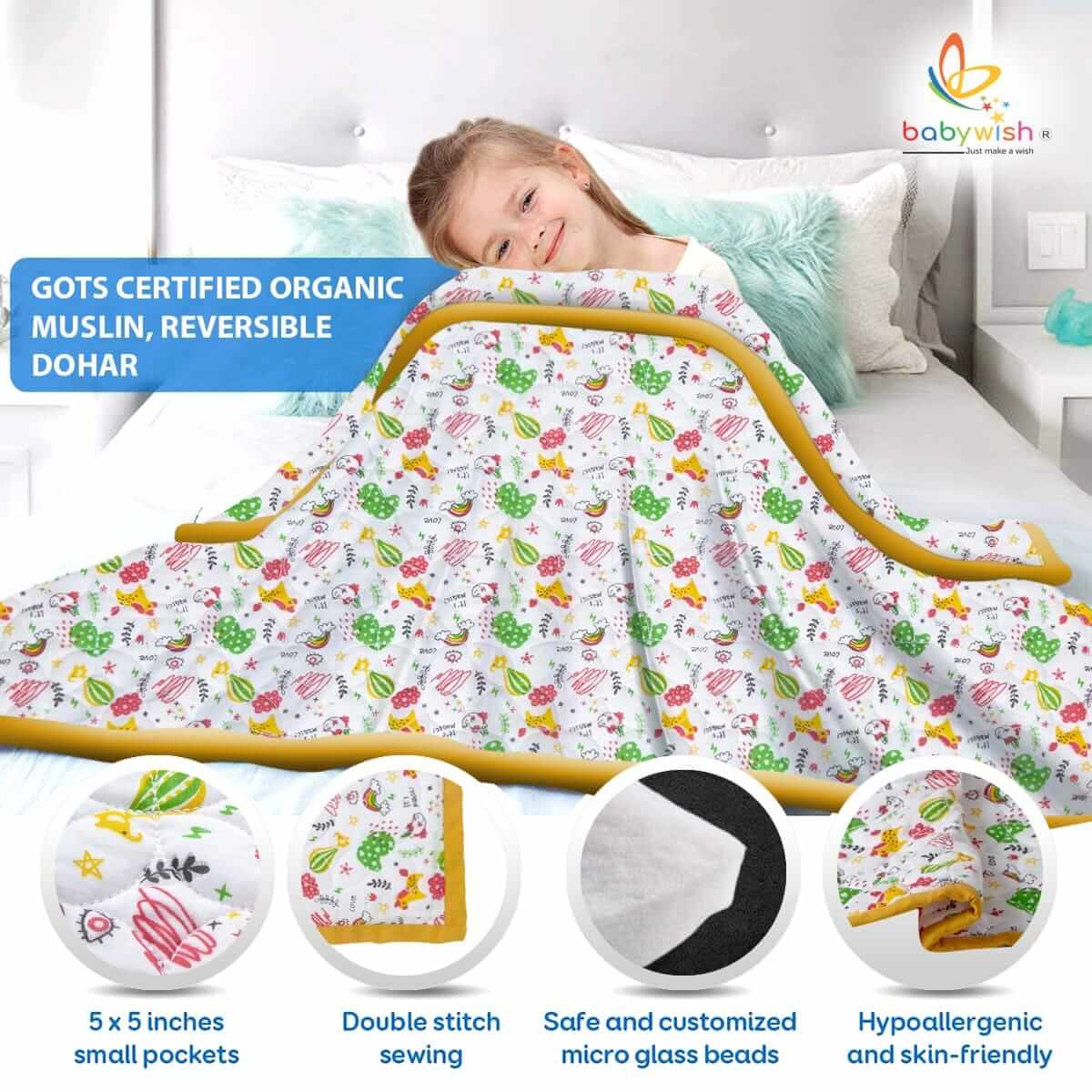 GOTS Certified Organic Muslin Baby Dohar Blanket for Newborn Soft Crib All Seasons Quilt for Microfiber Giftset - Orange Unicorn Rainbow