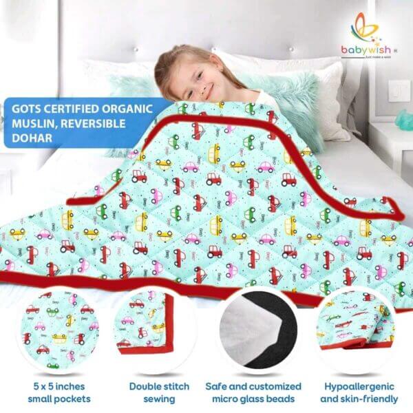 GOTS Certified Organic Cotton Baby Dohar Blanket for Newborn Soft Crib All Seasons Quilt for Microfiber Giftset - Light Blue Vehicles Print - Image 2