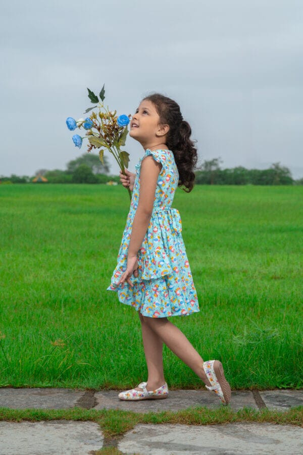 Girl Dress Knee Length Frock Floral Prints Girls Flutter Wings Halfsleeve Dress Girls Cotton Bottom Frock Topwear - Penguin Theme Printed - Image 4
