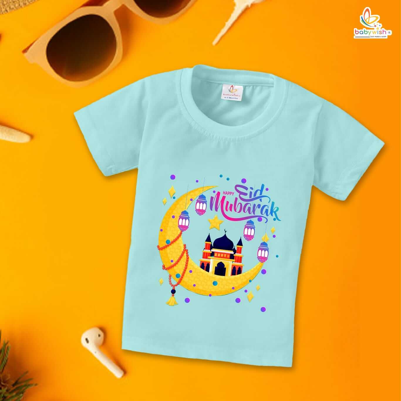 Eid T-shirt for Kids Unisex Ramadan Topwear Outfit | Printed Half Sleeve Tshirt Dress for Boys & Girls | Celebrate Happy Eid Mubarak