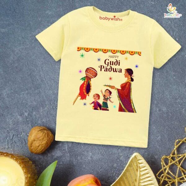 Gudi Padwa T-shirt for Kids Unisex Gudi Padwa Topwear Outfit Printed Half Sleeve Tshirt Dress for Boy n Girl "Happy Gudi Padwa - Image 2