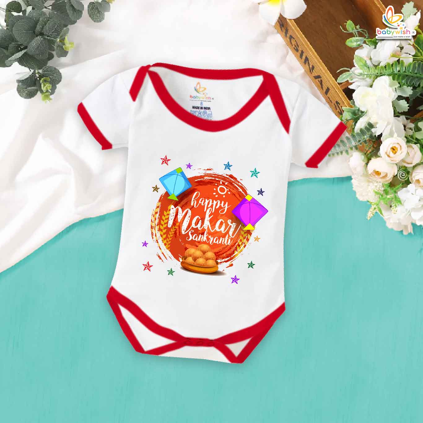 Happy Makar Sankranti with Sweets – My First Sankranti Baby Romper & Festive Bodysuit for Newborns & Infants | Traditional Babywear India | Babywish