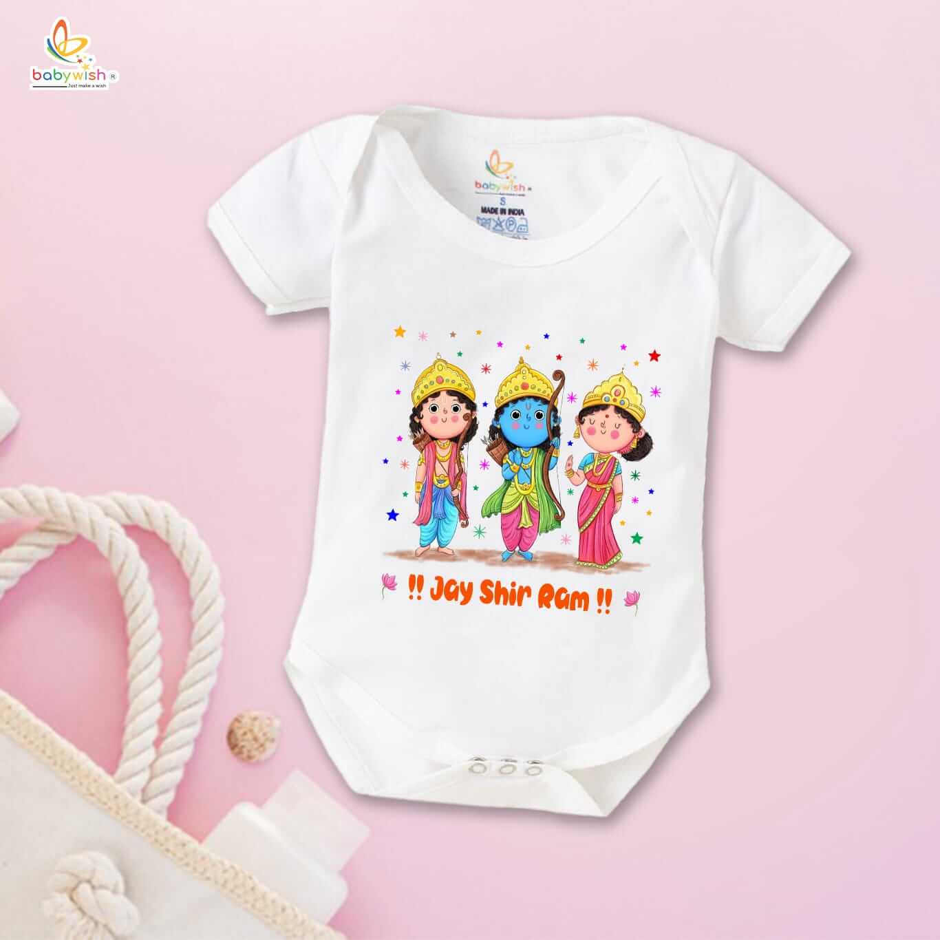 Baby First Ramnavmi Romper | Newborn Navratri Festival Bodysuits | Unisex Half Sleeve Cotton Onesies | Comfortable Baby Outfit with Envelope Neck | Happy Ram Navmi Printed Clothes