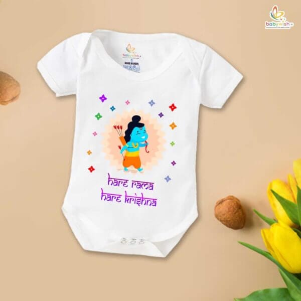 Baby First Ramnavmi Romper Onesies Clothes Baby Navratri festival Bodysuits Newborn Outfit Envelop Neck Half Sleeve Unisex Onesies" Hare Rama Hare Krishna " - Image 2