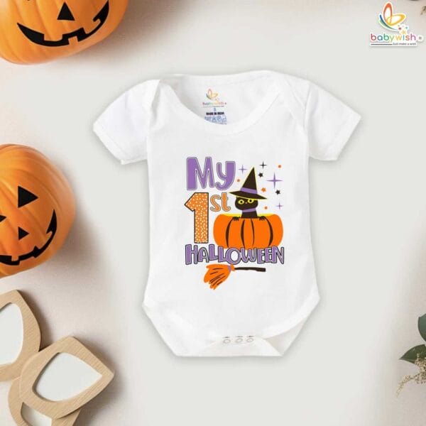 My First Halloween Baby Romper Bodysuit – Cute Bat and Pumpkin Print Halloween Outfit for Newborn Infant Baby Girl or Boy – Babywish - Image 2