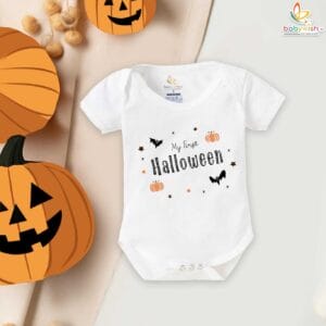 My First Halloween Baby Romper Bodysuit – Bat and Pumpkin Print Halloween Outfit for Newborn Infant Baby Girl or Boy – Babywish