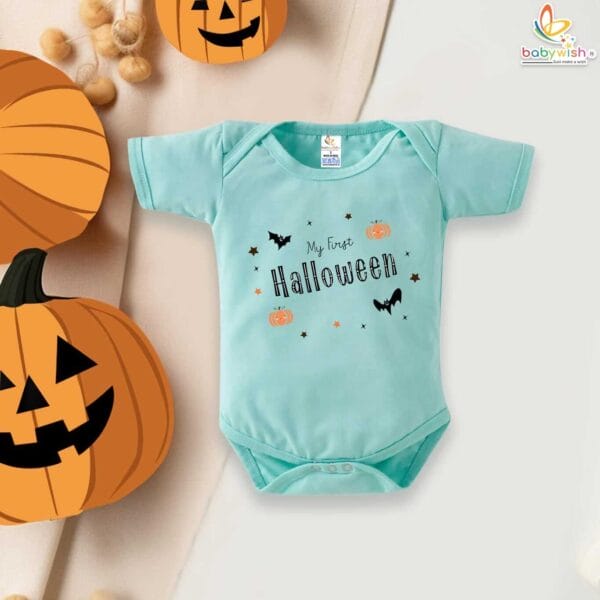 My First Halloween Baby Romper Bodysuit – Bat and Pumpkin Print Halloween Outfit for Newborn Infant Baby Girl or Boy – Babywish - Image 2