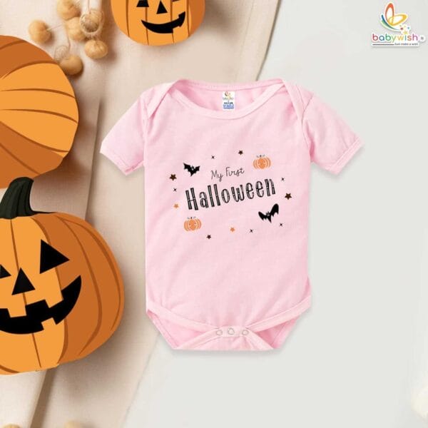 My First Halloween Baby Romper Bodysuit – Bat and Pumpkin Print Halloween Outfit for Newborn Infant Baby Girl or Boy – Babywish - Image 3