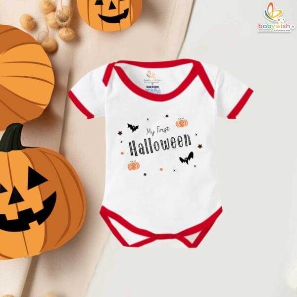 My First Halloween Baby Romper Bodysuit – Bat and Pumpkin Print Halloween Outfit for Newborn Infant Baby Girl or Boy – Babywish - Image 5