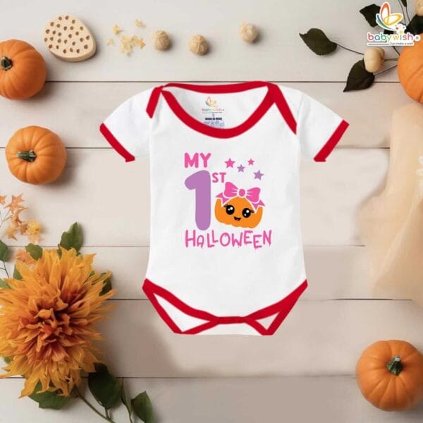My First Halloween Baby Romper Bodysuit – Cute Bow and Pumpkin Head Print Halloween Outfit for Newborn Infant Baby Girl or Boy – Babywish - Image 5