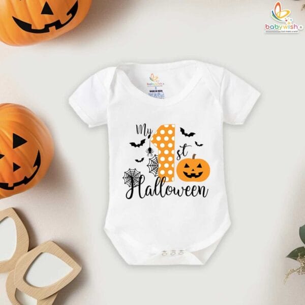 My First Halloween Baby Romper Bodysuit – Spiderweb and Pumpkin Print Halloween Outfit for Newborn Infant Baby Girl or Boy – Babywish - Image 2