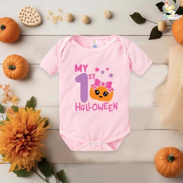 My First Halloween Baby Romper Bodysuit – Cute Bow and Pumpkin Head Print Halloween Outfit for Newborn Infant Baby Girl or Boy – Babywish - Image 3