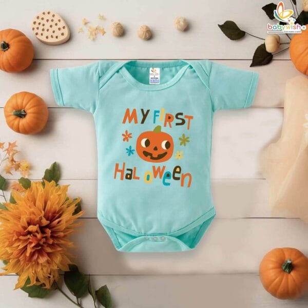 My First Halloween Baby Romper Bodysuit – Floral Pumpkin Print Halloween Outfit for Newborn Infant Baby Girl or Boy – Babywish - Image 2