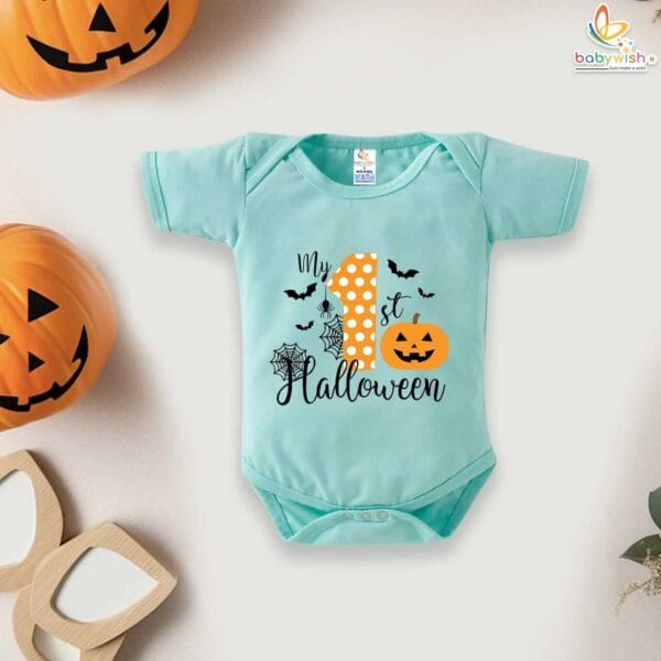 My First Halloween Baby Romper Bodysuit – Spiderweb and Pumpkin Print Halloween Outfit for Newborn Infant Baby Girl or Boy – Babywish - Image 3