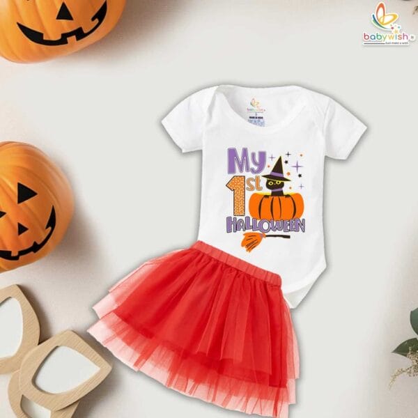 My First Halloween Baby Girl Romper – Newborn Tutu Skirt Bodysuit with Cute Bat and Pumpkin Print for Infant Girls 0-12 Months Halloween Outfit – Babywish - Image 3