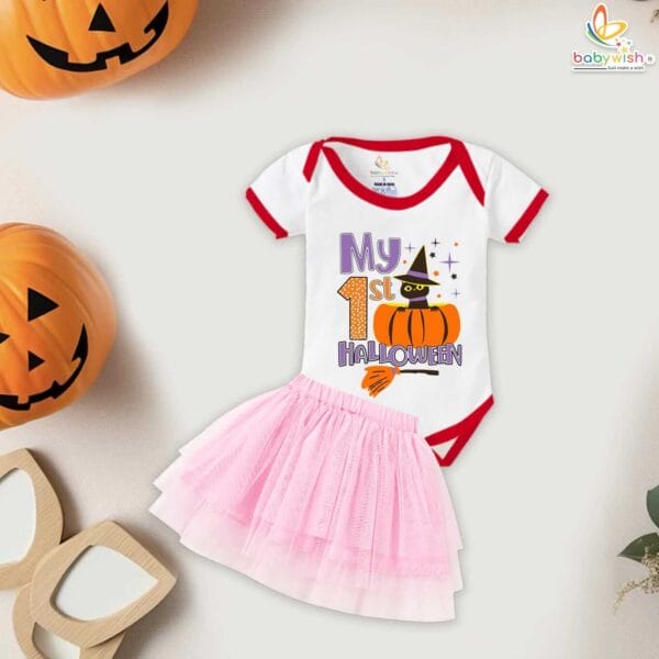 My First Halloween Baby Girl Romper – Newborn Tutu Skirt Bodysuit with Cute Bat and Pumpkin Print for Infant Girls 0-12 Months Halloween Outfit – Babywish - Image 2