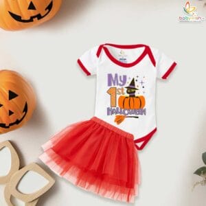 My First Halloween Baby Girl Romper – Newborn Tutu Skirt Bodysuit with Cute Bat and Pumpkin Print for Infant Girls 0-12 Months Halloween Outfit – Babywish