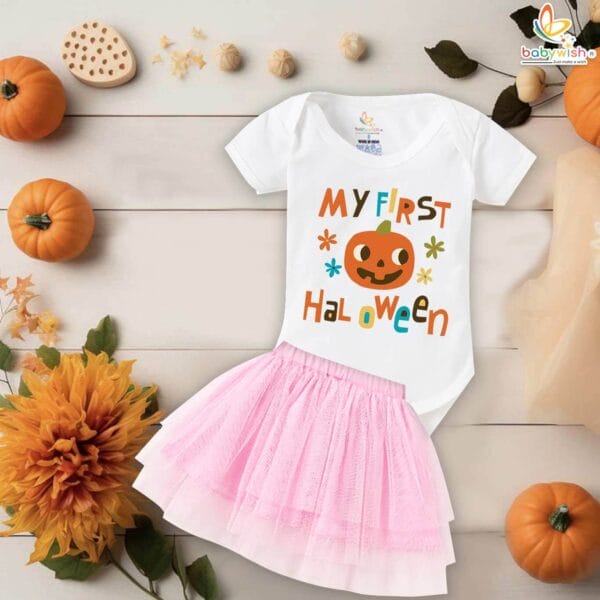 My First Halloween Baby Girl Romper – Newborn Tutu Skirt Bodysuit with Floral Pumpkin Print for Infant Girls 0-12 Months Halloween Outfit – Babywish - Image 3