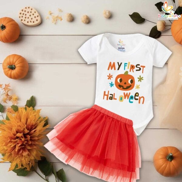 My First Halloween Baby Girl Romper – Newborn Tutu Skirt Bodysuit with Floral Pumpkin Print for Infant Girls 0-12 Months Halloween Outfit – Babywish - Image 2