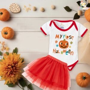 My First Halloween Baby Girl Romper – Newborn Tutu Skirt Bodysuit with Floral Pumpkin Print for Infant Girls 0-12 Months Halloween Outfit – Babywish