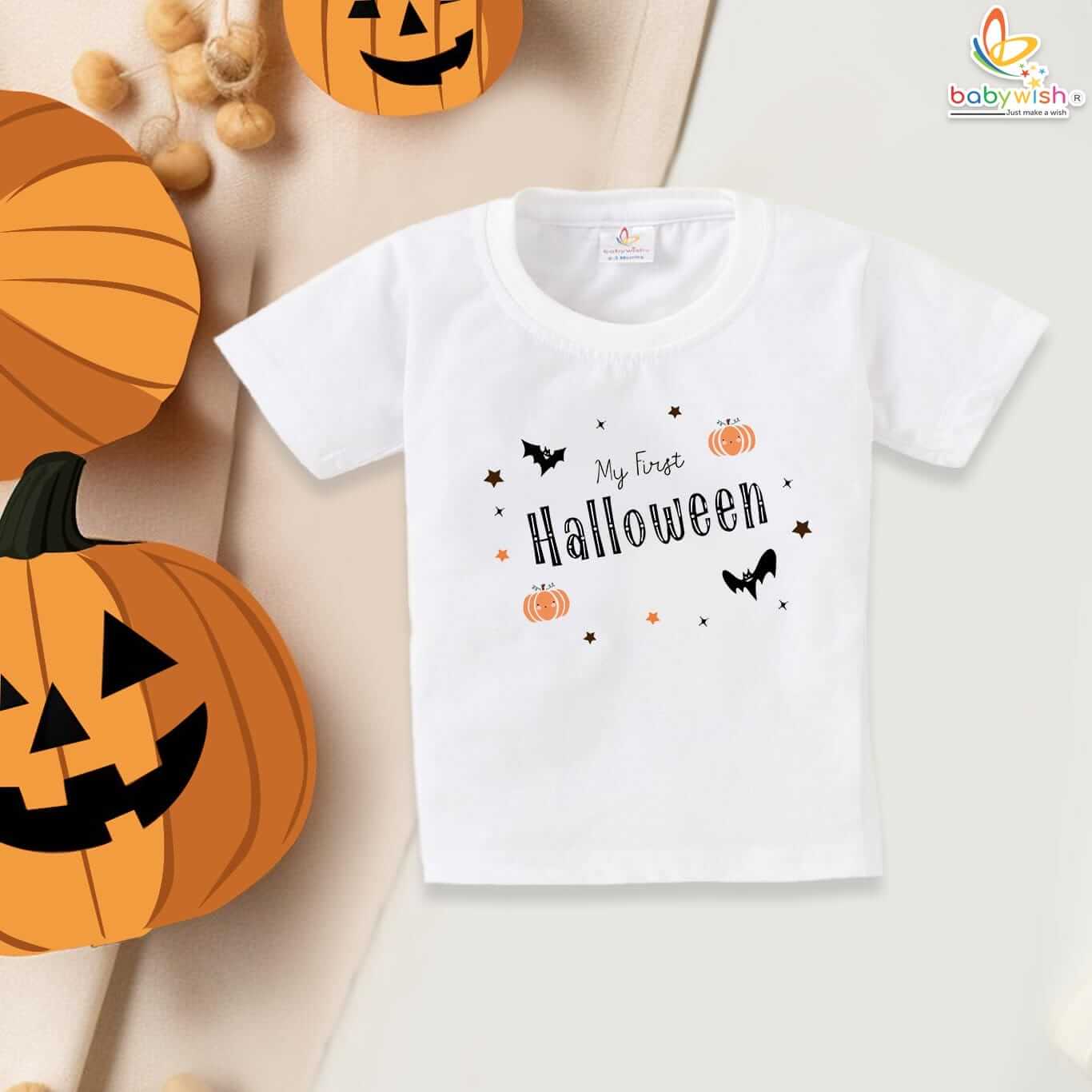 My First Halloween Baby T-Shirt – Star Bat and Pumpkin Print Halloween Shirt for Newborn Infant Toddler Boys and Girls – Babywish