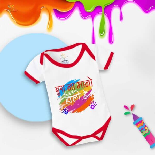 Baby First Holi Romper Clothes Baby holi festival Bodysuits Newborn Outfit Envelop Neck Half Sleeve Unisex Onesies "Bura Na Mano Holi me" - Image 2