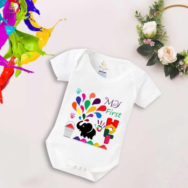 Baby First Holi Romper Clothes Baby holi festival Bodysuits Newborn Outfit Envelop Neck Half Sleeve Unisex Onesies "Elephant Print Holi" - Image 2