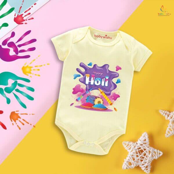 Baby First Holi Romper Clothes Baby holi festival Bodysuits Newborn Outfit Envelop Neck Half Sleeve Unisex Onesies "Flying Holi Color" - Image 2