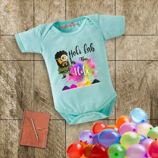 Baby First Holi Romper Clothes Baby holi festival Bodysuits Newborn Outfit Envelop Neck Half Sleeve Unisex Onesies "Gabbar printed on Holi" - Image 4