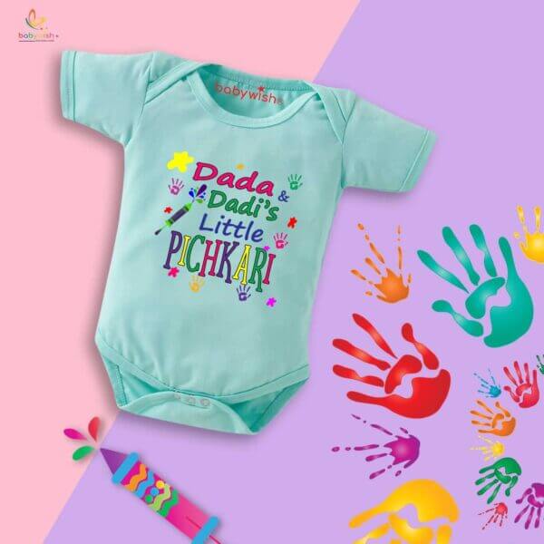 Baby First Holi Romper Clothes Baby holi festival Bodysuits Newborn Outfit Envelop Neck Half Sleeve Unisex Onesies "Grandpa's Little Pichkari" - Image 4
