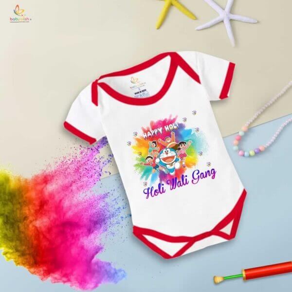 Baby First Holi Romper Clothes Baby holi festival Bodysuits Newborn Outfit Envelop Neck Half Sleeve Unisex Onesies "Happy Holi Cartoon Print" - Image 5