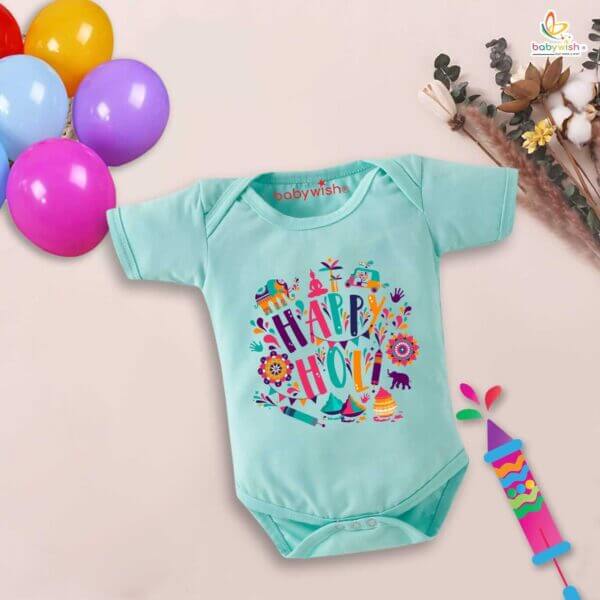 Baby First Holi Romper Clothes Baby holi festival Bodysuits Newborn Outfit Envelop Neck Half Sleeve Unisex Onesies "Happy Holi Jungle Print" - Image 4