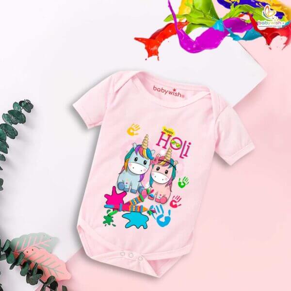 Baby First Holi Romper Clothes Baby holi festival Bodysuits Newborn Outfit Envelop Neck Half Sleeve Unisex Onesies "Holi Celebrations with Unicorn" - Image 4
