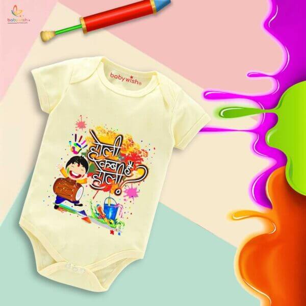 Baby First Holi Romper Clothes Baby holi festival Bodysuits Newborn Outfit Envelop Neck Half Sleeve Unisex Onesies "Holi Kab Hai Batao" - Image 4
