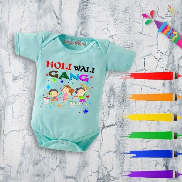 Baby First Holi Romper Clothes Baby holi festival Bodysuits Newborn Outfit Envelop Neck Half Sleeve Unisex Onesies "Holi Wali Gang" - Image 4