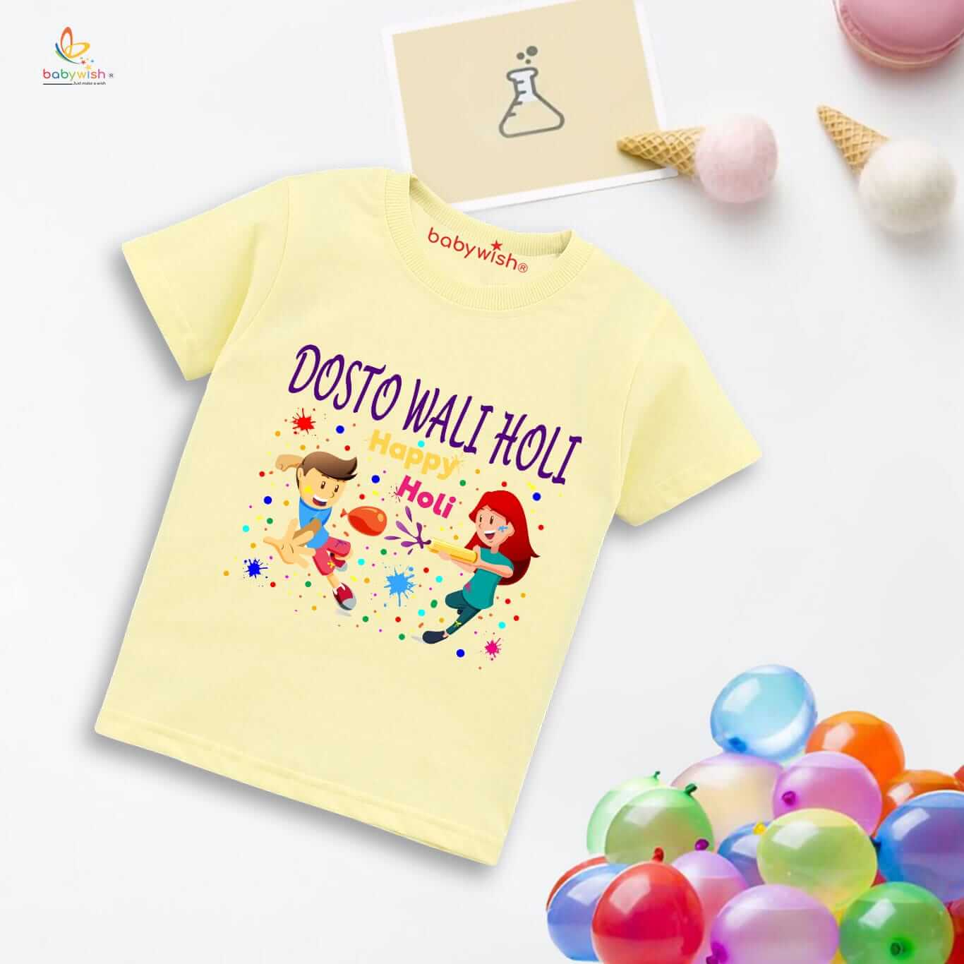 Holi T-shirt for Kids – Unisex Holi Topwear Outfit, Printed Half Sleeve Tee “Dosto Wali Holi Festival,” Colorful Fun Dress for Boys & Girls