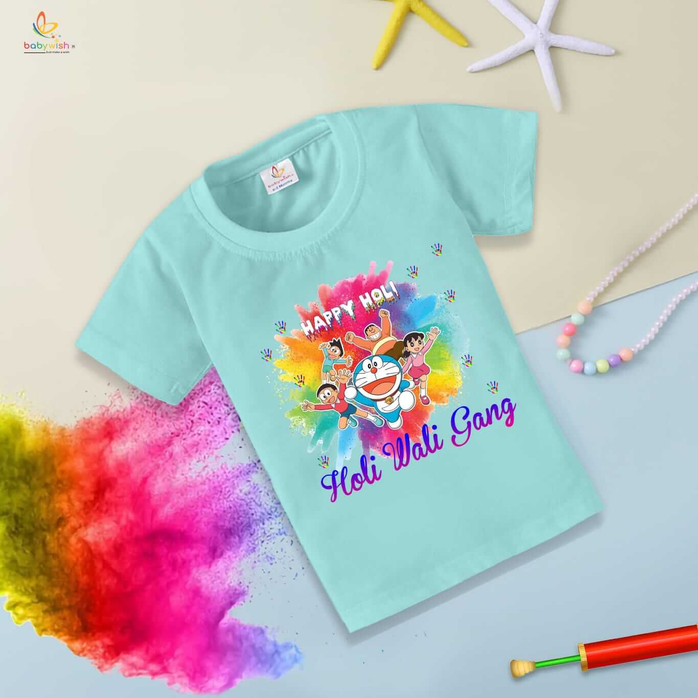 Holi T-shirt for Kids – Unisex Holi Topwear Outfit, Printed Half Sleeve Tee “Happy Holi Cartoon Print,” Colorful Festival Dress for Boys & Girls